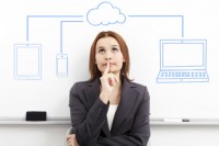 Businesswoman looking at business applications on the cloud