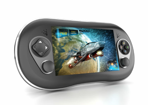 Action game being played on a portable gaming console