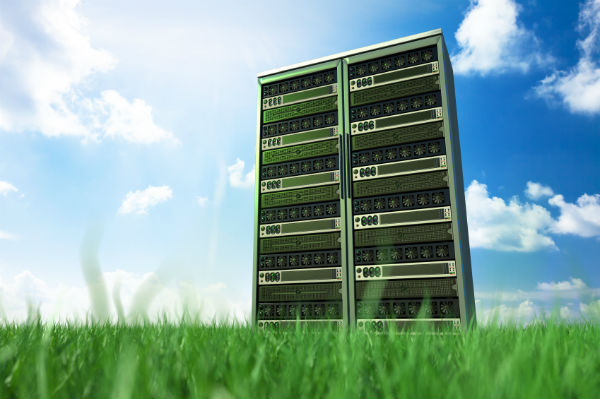 Dedicated server racks on a grass under the sky
