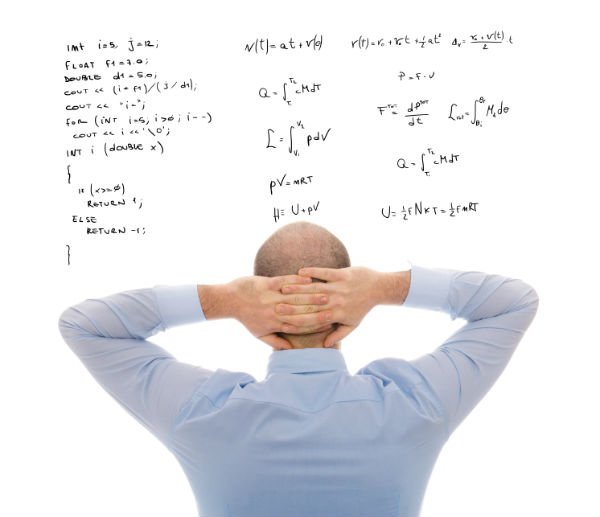 Man hands on head while looking at formula